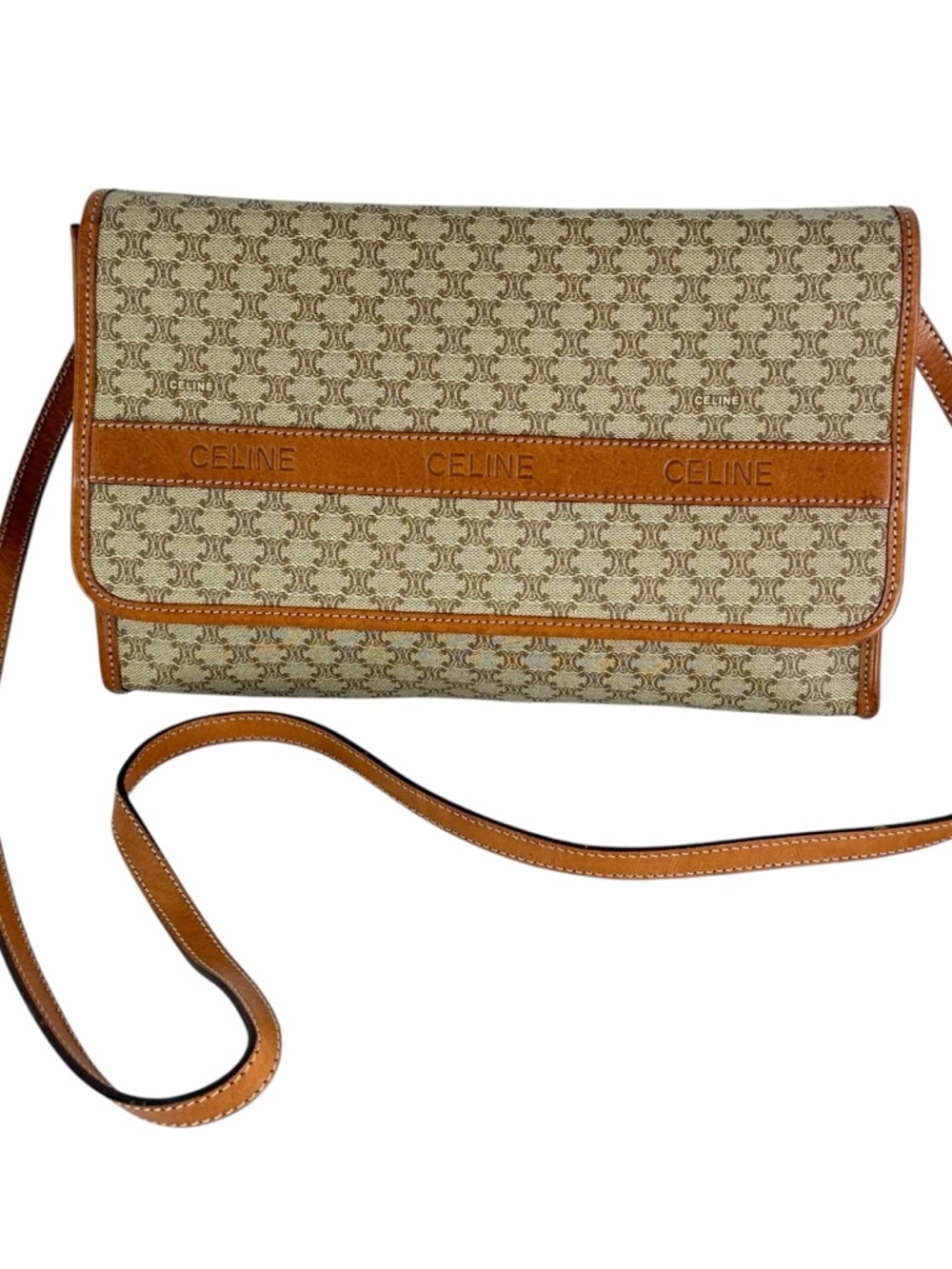 CELINE Vintage Tan Canvas Macadam Leather Trim Made in Italy Authenticated
